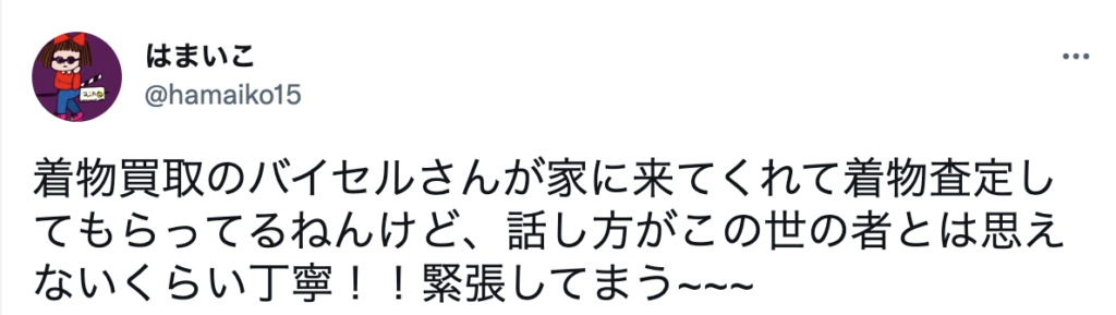 着物買取のバイセルさんが家に来てくれて着物査定してもらってるねんけど、話し方がこの世の者とは思えないくらい丁寧！緊張してまう。